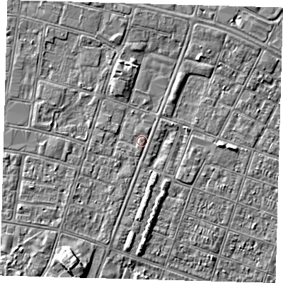 Shaded relief map of the ground around DN327QE, computed from Environment Agency LiDAR. The ground here sits at about 3 m above sea level and falls 5 m across the surrounding 800 m. Surface water reaching this point runs off ground lying to the south, 0.6 m higher.