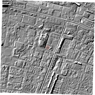 Shaded relief map of the ground around DN327QH, computed from Environment Agency LiDAR. The ground here sits at about 3 m above sea level and falls 5 m across the surrounding 800 m. Surface water reaching this point runs off ground lying to the east-north-east, 2.0 m higher.