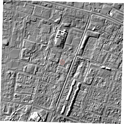Shaded relief map of the ground around DN327QL, computed from Environment Agency LiDAR. The ground here sits at about 3 m above sea level and falls 5 m across the surrounding 800 m. Surface water reaching this point runs off ground lying to the north-east, 2.0 m higher.