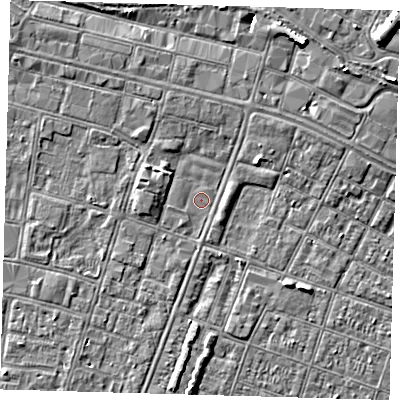 Shaded relief map of the ground around DN327QN, computed from Environment Agency LiDAR. The ground here sits at about 3 m above sea level and falls 8 m across the surrounding 800 m. Surface water reaching this point runs off ground lying to the east-north-east, 2.0 m higher.