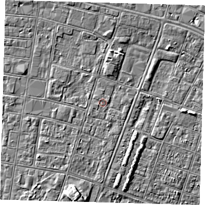Shaded relief map of the ground around DN327QP, computed from Environment Agency LiDAR. The ground here sits at about 3 m above sea level and falls 5 m across the surrounding 800 m. Surface water reaching this point runs off ground lying to the east, 0.8 m higher.