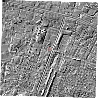 Shaded relief map of the ground around DN327QQ, computed from Environment Agency LiDAR. The ground here sits at about 3 m above sea level and falls 4 m across the surrounding 800 m. Surface water reaching this point runs off ground lying to the south, 0.9 m higher.
