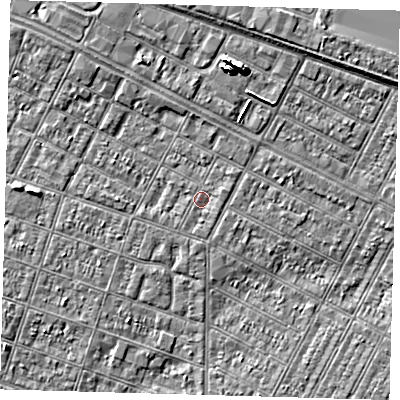 Shaded relief map of the ground around DN327QX, computed from Environment Agency LiDAR. The ground here sits at about 3 m above sea level and falls 7 m across the surrounding 800 m. Surface water reaching this point runs off ground lying to the east-north-east, 0.8 m higher.