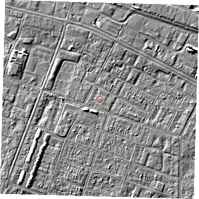 Shaded relief map of the ground around DN327RA, computed from Environment Agency LiDAR. The ground here sits at about 3 m above sea level and falls 7 m across the surrounding 800 m. Surface water reaching this point runs off ground lying to the south-south-west, 2.3 m higher.