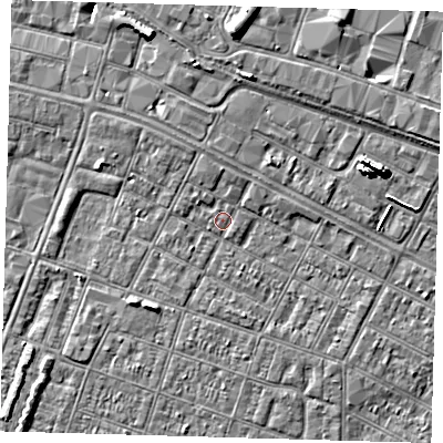 Shaded relief map of the ground around DN327RF, computed from Environment Agency LiDAR. The ground here sits at about 3 m above sea level and falls 8 m across the surrounding 800 m. Surface water reaching this point runs off ground lying to the north-north-west, 1.4 m higher.