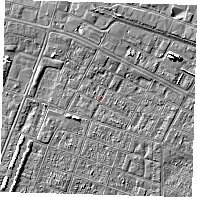 Shaded relief map of the ground around DN327RG, computed from Environment Agency LiDAR. The ground here sits at about 3 m above sea level and falls 7 m across the surrounding 800 m. Surface water reaching this point runs off ground lying to the north, 1.7 m higher.