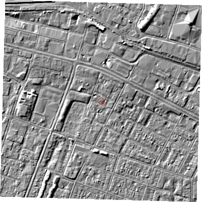 Shaded relief map of the ground around DN327RN, computed from Environment Agency LiDAR. The ground here sits at about 4 m above sea level and falls 8 m across the surrounding 800 m. Surface water reaching this point runs off ground lying to the north-east, 1.3 m higher.