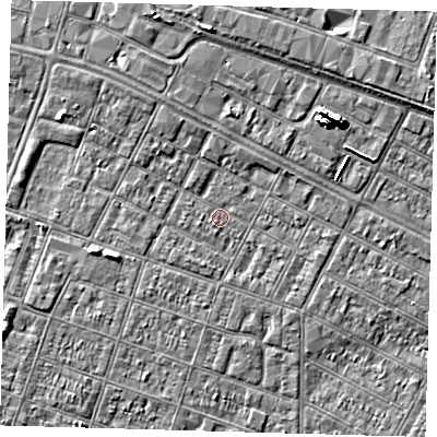 Shaded relief map of the ground around DN327RP, computed from Environment Agency LiDAR. The ground here sits at about 3 m above sea level and falls 7 m across the surrounding 800 m. Surface water reaching this point runs off ground lying to the north-north-west, 2.1 m higher.