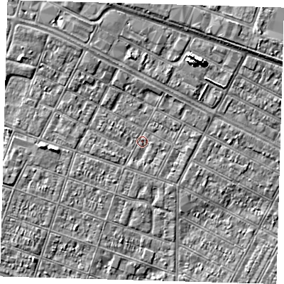 Shaded relief map of the ground around DN327RS, computed from Environment Agency LiDAR. The ground here sits at about 3 m above sea level and falls 7 m across the surrounding 800 m. Surface water reaching this point runs off ground lying to the west-south-west, 1.2 m higher.