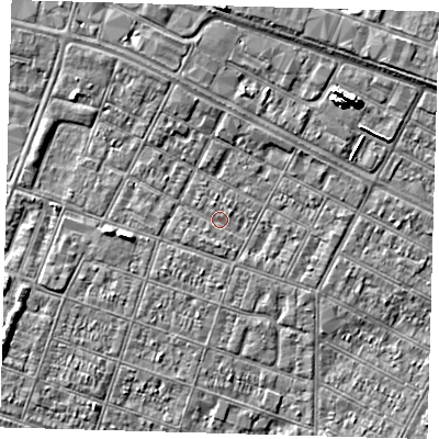Shaded relief map of the ground around DN327RT, computed from Environment Agency LiDAR. The ground here sits at about 3 m above sea level and falls 7 m across the surrounding 800 m. Surface water reaching this point runs off ground lying to the north-north-west, 2.1 m higher.
