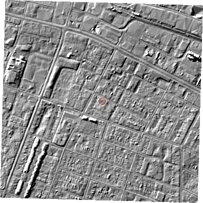 Shaded relief map of the ground around DN327RU, computed from Environment Agency LiDAR. The ground here sits at about 3 m above sea level and falls 7 m across the surrounding 800 m. Surface water reaching this point runs off ground lying to the north, 0.7 m higher.