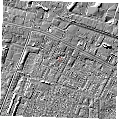 Shaded relief map of the ground around DN327RW, computed from Environment Agency LiDAR. The ground here sits at about 3 m above sea level and falls 8 m across the surrounding 800 m. Surface water reaching this point runs off ground lying to the north, 1.6 m higher.