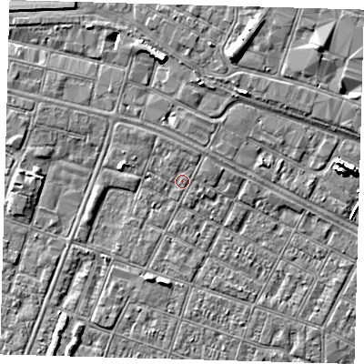 Shaded relief map of the ground around DN327RX, computed from Environment Agency LiDAR. The ground here sits at about 4 m above sea level and falls 8 m across the surrounding 800 m. Surface water reaching this point runs off ground lying to the north, 1.1 m higher.