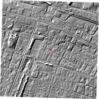 Shaded relief map of the ground around DN327RY, computed from Environment Agency LiDAR. The ground here sits at about 3 m above sea level and falls 8 m across the surrounding 800 m. Surface water reaching this point runs off ground lying to the north-north-east, 2.1 m higher.