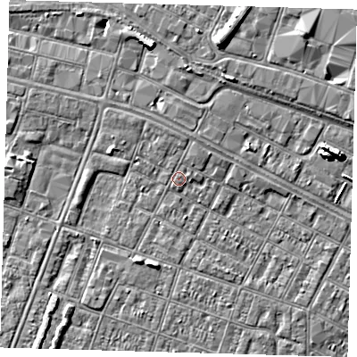 Shaded relief map of the ground around DN327RZ, computed from Environment Agency LiDAR. The ground here sits at about 4 m above sea level and falls 8 m across the surrounding 800 m. Surface water reaching this point runs off ground lying to the north-north-east, 1.2 m higher.
