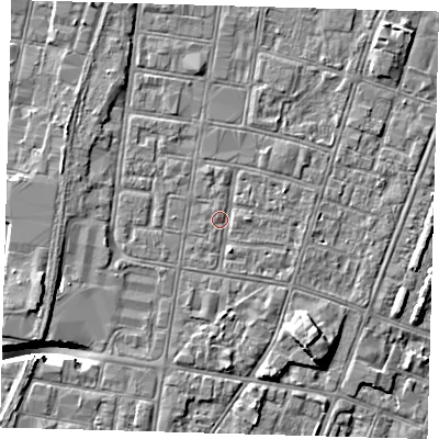 Shaded relief map of the ground around DN327SE, computed from Environment Agency LiDAR. The ground here sits at about 3 m above sea level and falls 9 m across the surrounding 800 m. Surface water reaching this point runs off ground lying to the south-south-east, 1.2 m higher.