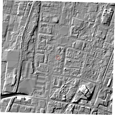 Shaded relief map of the ground around DN327SF, computed from Environment Agency LiDAR. The ground here sits at about 3 m above sea level and falls 9 m across the surrounding 800 m. The ground contributing surface water to this point lies to the east.