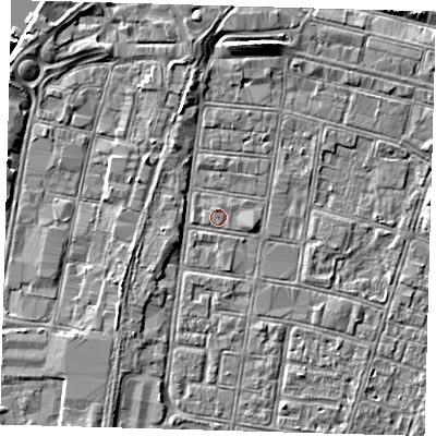 Shaded relief map of the ground around DN327SH, computed from Environment Agency LiDAR. The ground here sits at about 3 m above sea level and falls 5 m across the surrounding 800 m. Surface water reaching this point runs off ground lying to the east-south-east, 1.2 m higher.