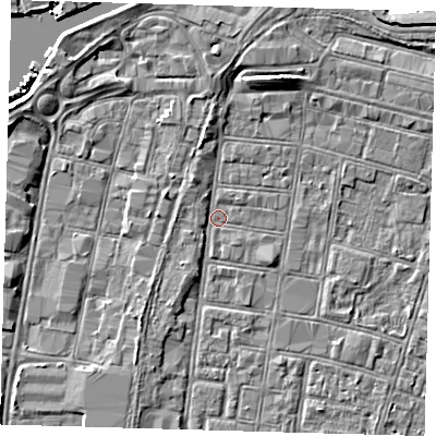 Shaded relief map of the ground around DN327SL, computed from Environment Agency LiDAR. The ground here sits at about 3 m above sea level and falls 7 m across the surrounding 800 m. Surface water reaching this point runs off ground lying to the north-north-east, 5.2 m higher.