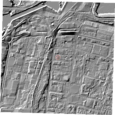 Shaded relief map of the ground around DN327SR, computed from Environment Agency LiDAR. The ground here sits at about 3 m above sea level and falls 7 m across the surrounding 800 m. Surface water reaching this point runs off ground lying to the north, 0.6 m higher.