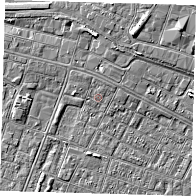 Shaded relief map of the ground around DN327TB, computed from Environment Agency LiDAR. The ground here sits at about 4 m above sea level and falls 9 m across the surrounding 800 m. Surface water reaching this point runs off ground lying to the north-east, 1.0 m higher.