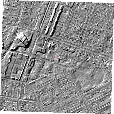 Shaded relief map of the ground around DN328AE, computed from Environment Agency LiDAR. The ground here sits at about 2 m above sea level and falls 5 m across the surrounding 800 m. Surface water reaching this point runs off ground lying to the west-north-west, 5.1 m higher.