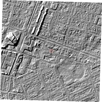 Shaded relief map of the ground around DN328AW, computed from Environment Agency LiDAR. The ground here sits at about 2 m above sea level and falls 5 m across the surrounding 800 m. Surface water reaching this point runs off ground lying to the west-north-west, 5.3 m higher.