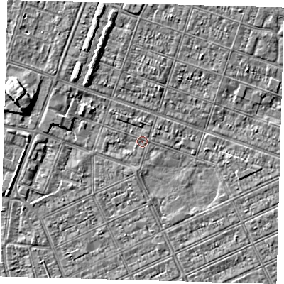 Shaded relief map of the ground around DN328BS, computed from Environment Agency LiDAR. The ground here sits at about 2 m above sea level and falls 5 m across the surrounding 800 m. Surface water reaching this point runs off ground lying to the west-north-west, 5.3 m higher.