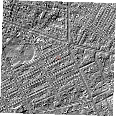 Shaded relief map of the ground around DN328DH, computed from Environment Agency LiDAR. The ground here sits at about 2 m above sea level and falls 3 m across the surrounding 800 m. Surface water reaching this point runs off ground lying to the east-north-east, 0.6 m higher.