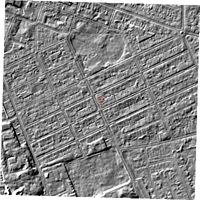 Shaded relief map of the ground around DN328DP, computed from Environment Agency LiDAR. The ground here sits at about 2 m above sea level and falls 5 m across the surrounding 800 m. The ground contributing surface water to this point lies to the east-north-east.