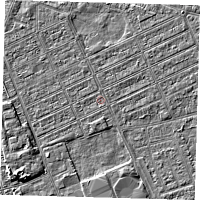 Shaded relief map of the ground around DN328DR, computed from Environment Agency LiDAR. The ground here sits at about 2 m above sea level and falls 5 m across the surrounding 800 m. Surface water reaching this point runs off ground lying to the south, 0.6 m higher.