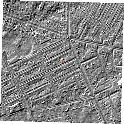 Shaded relief map of the ground around DN328DU, computed from Environment Agency LiDAR. The ground here sits at about 3 m above sea level and falls 3 m across the surrounding 800 m. The ground contributing surface water to this point lies to the east-north-east.