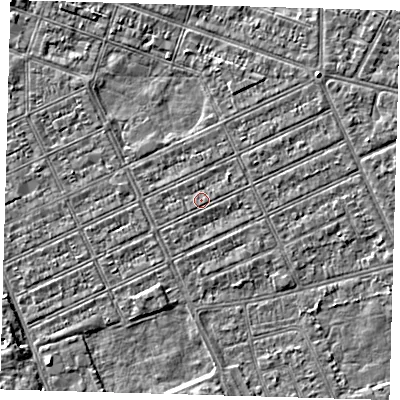 Shaded relief map of the ground around DN328DX, computed from Environment Agency LiDAR. The ground here sits at about 2 m above sea level and falls 3 m across the surrounding 800 m. The ground contributing surface water to this point lies to the north-east.