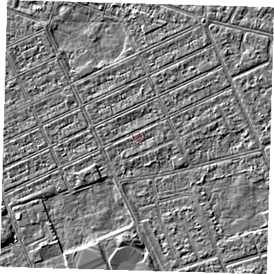 Shaded relief map of the ground around DN328ED, computed from Environment Agency LiDAR. The ground here sits at about 2 m above sea level and falls 3 m across the surrounding 800 m. Surface water reaching this point runs off ground lying to the east-north-east, 1.2 m higher.