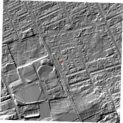 Shaded relief map of the ground around DN328ES, computed from Environment Agency LiDAR. The ground here sits at about 3 m above sea level and falls 5 m across the surrounding 800 m. Surface water reaching this point runs off ground lying to the south, 1.2 m higher.