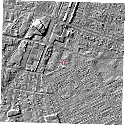 Shaded relief map of the ground around DN328GA, computed from Environment Agency LiDAR. The ground here sits at about 2 m above sea level and falls 5 m across the surrounding 800 m. Surface water reaching this point runs off ground lying to the north-west, 5.0 m higher.