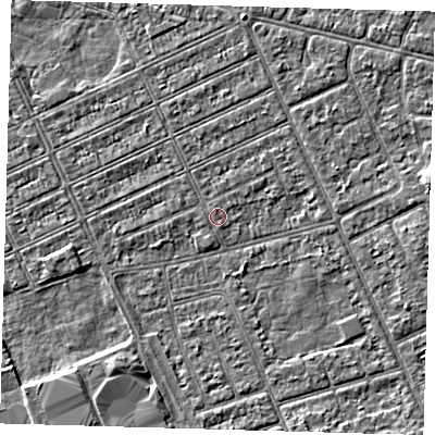 Shaded relief map of the ground around DN328HF, computed from Environment Agency LiDAR. The ground here sits at about 2 m above sea level and falls 3 m across the surrounding 800 m. Surface water reaching this point runs off ground lying to the east-north-east, 0.6 m higher.