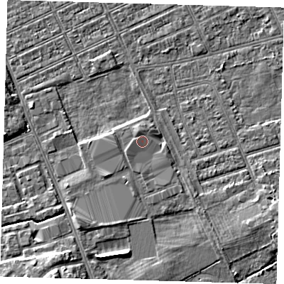 Shaded relief map of the ground around DN328HP, computed from Environment Agency LiDAR. The ground here sits at about 3 m above sea level and falls 5 m across the surrounding 800 m. The ground contributing surface water to this point lies to the west-north-west.