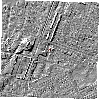 Shaded relief map of the ground around DN328HT, computed from Environment Agency LiDAR. The ground here sits at about 2 m above sea level and falls 5 m across the surrounding 800 m. Surface water reaching this point runs off ground lying to the west, 5.1 m higher.