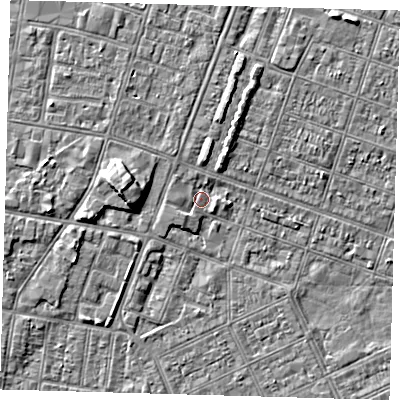 Shaded relief map of the ground around DN328HU, computed from Environment Agency LiDAR. The ground here sits at about 2 m above sea level and falls 5 m across the surrounding 800 m. Surface water reaching this point runs off ground lying to the west, 5.1 m higher.
