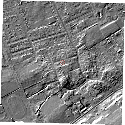 Shaded relief map of the ground around DN328JA, computed from Environment Agency LiDAR. The ground here sits at about 4 m above sea level and falls 7 m across the surrounding 800 m. Surface water reaching this point runs off ground lying to the south, 3.6 m higher.