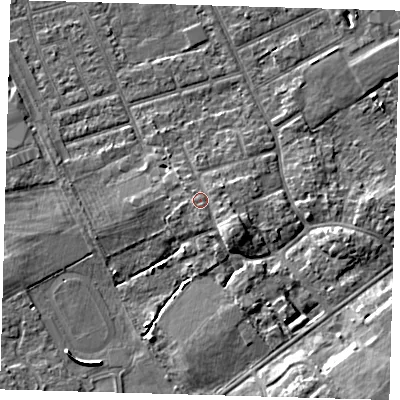 Shaded relief map of the ground around DN328JD, computed from Environment Agency LiDAR. The ground here sits at about 5 m above sea level and falls 8 m across the surrounding 800 m. Surface water reaching this point runs off ground lying to the south-east, 2.6 m higher.