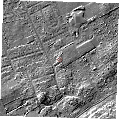 Shaded relief map of the ground around DN328JG, computed from Environment Agency LiDAR. The ground here sits at about 4 m above sea level and falls 6 m across the surrounding 800 m. The ground contributing surface water to this point lies to the south-east.
