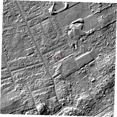 Shaded relief map of the ground around DN328JH, computed from Environment Agency LiDAR. The ground here sits at about 3 m above sea level and falls 5 m across the surrounding 800 m. Surface water reaching this point runs off ground lying to the south, 1.0 m higher.