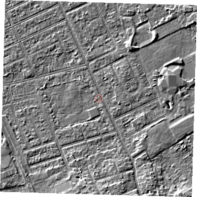 Shaded relief map of the ground around DN328JP, computed from Environment Agency LiDAR. The ground here sits at about 3 m above sea level and falls 4 m across the surrounding 800 m. Surface water reaching this point runs off ground lying to the north-east, 1.3 m higher.