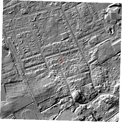 Shaded relief map of the ground around DN328LB, computed from Environment Agency LiDAR. The ground here sits at about 3 m above sea level and falls 5 m across the surrounding 800 m. Surface water reaching this point runs off ground lying to the south, 2.7 m higher.