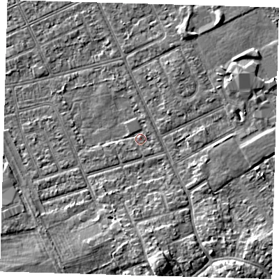 Shaded relief map of the ground around DN328LD, computed from Environment Agency LiDAR. The ground here sits at about 3 m above sea level and falls 5 m across the surrounding 800 m. Surface water reaching this point runs off ground lying to the south, 5.5 m higher.