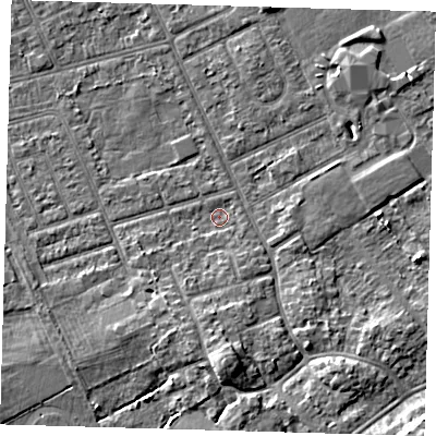 Shaded relief map of the ground around DN328LE, computed from Environment Agency LiDAR. The ground here sits at about 2 m above sea level and falls 6 m across the surrounding 800 m. Surface water reaching this point runs off ground lying to the south-south-east, 1.4 m higher.
