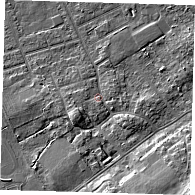 Shaded relief map of the ground around DN328LN, computed from Environment Agency LiDAR. The ground here sits at about 4 m above sea level and falls 10 m across the surrounding 800 m. Surface water reaching this point runs off ground lying to the south-west, 3.8 m higher.