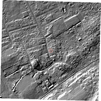 Shaded relief map of the ground around DN328LP, computed from Environment Agency LiDAR. The ground here sits at about 4 m above sea level and falls 10 m across the surrounding 800 m. Surface water reaching this point runs off ground lying to the east-south-east, 1.3 m higher.